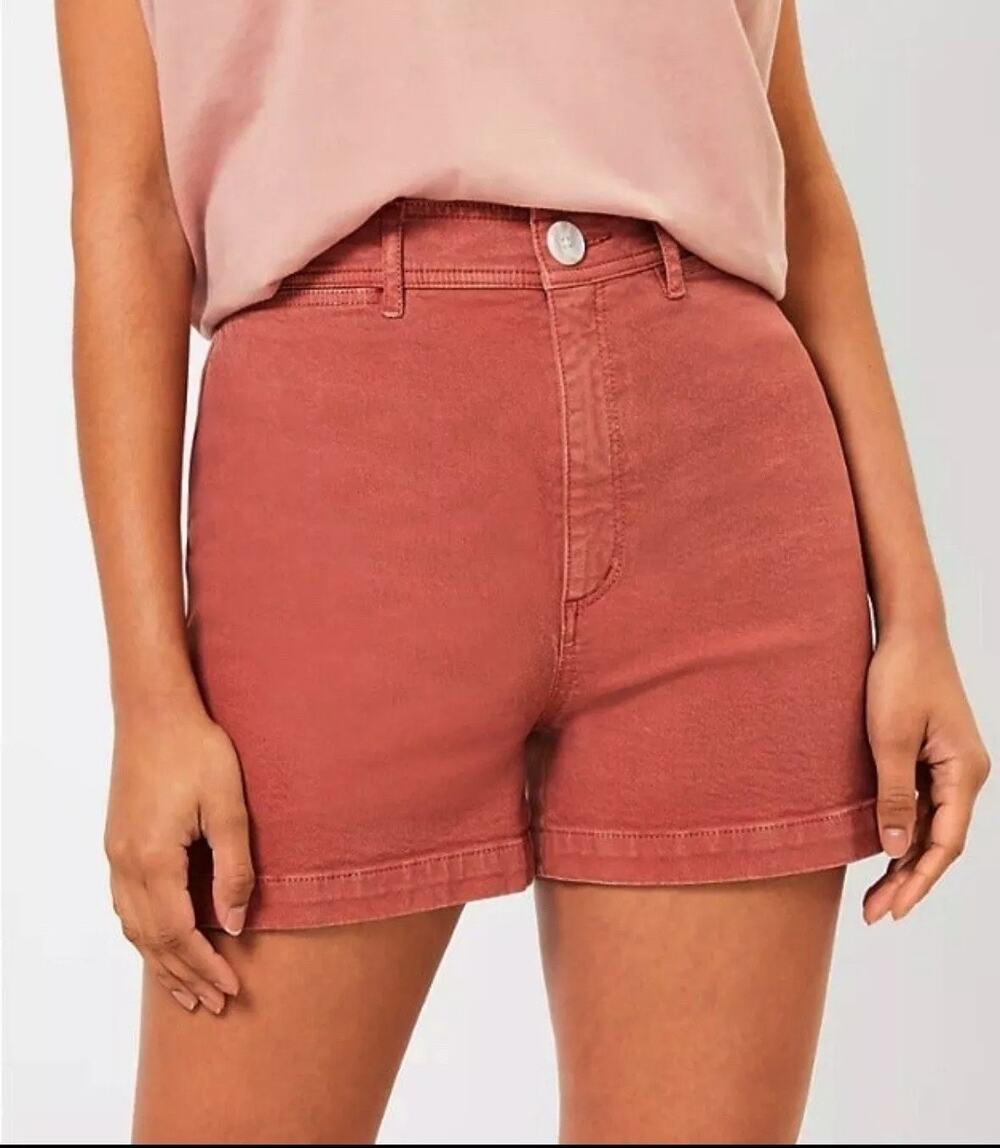 [LOFT] Rust Red Welt Pocket High Rise Denim Shorts Flat Front Stretch Size 31 12